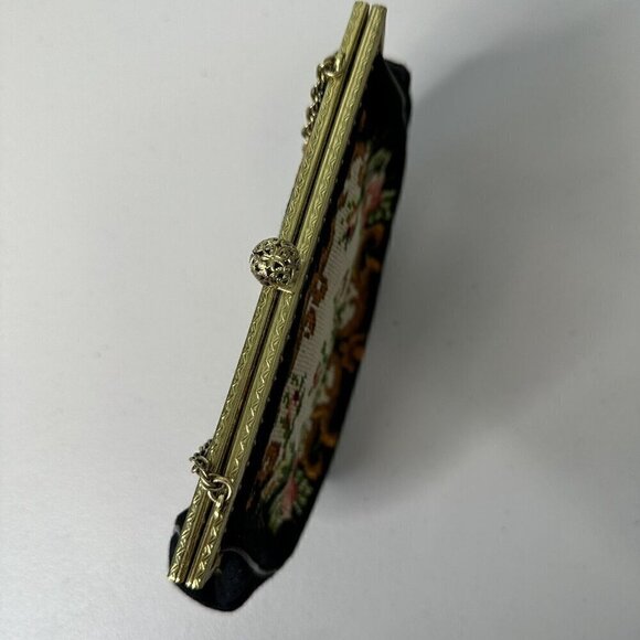 Vintage Handbag Tapestry Needlepoint Evening Framed Black Floral Gold Chain - Picture 8 of 16